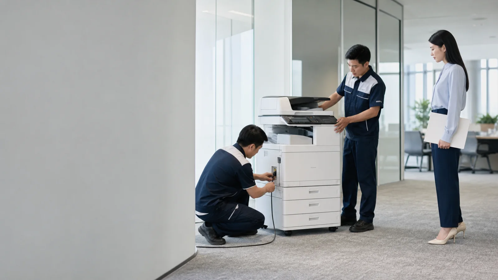 工程师在企业办公室安装调试复合机